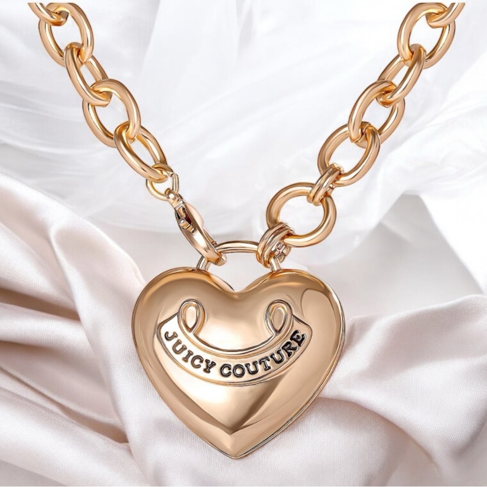 Juicy Couture Gold Tone Puffy Heart Pendant Long Necklace 28in